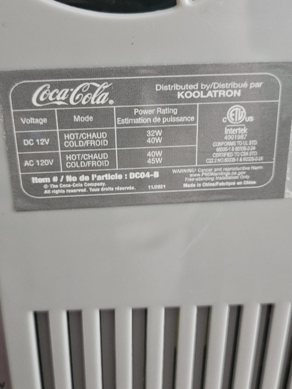Coca-Cola Mini Fridge — Light Gray with White and Black Label With Cord.